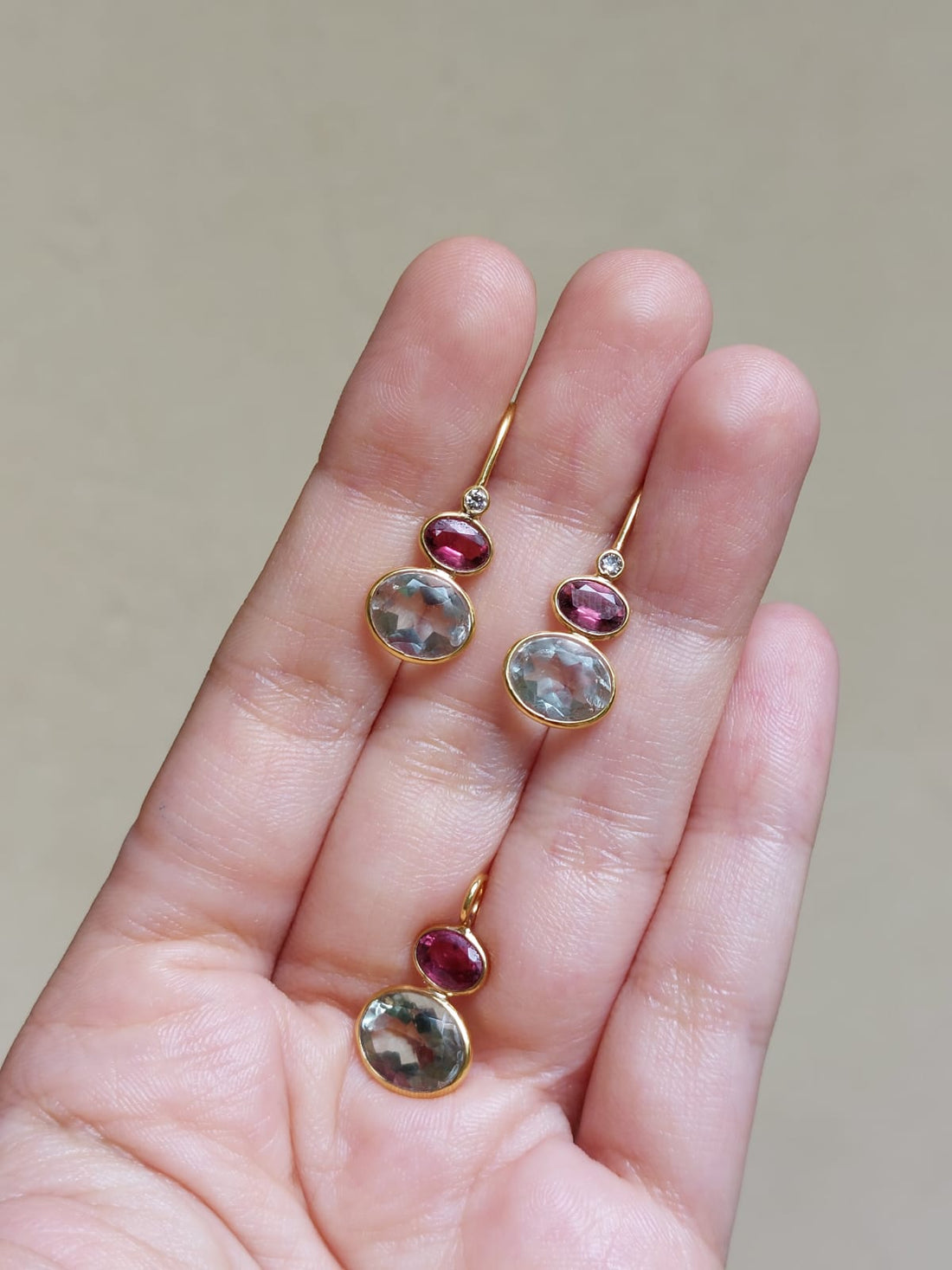 14K gold drop earrings multicolor stones pinkish-red gems