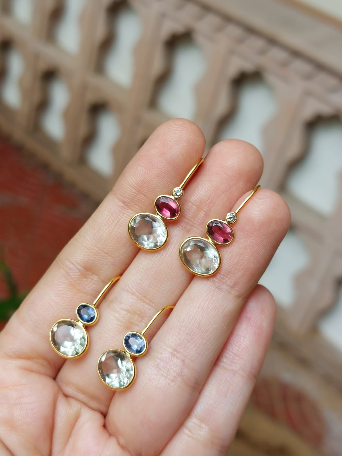 14K gold Elena earrings teardrop clear and pink gemstones