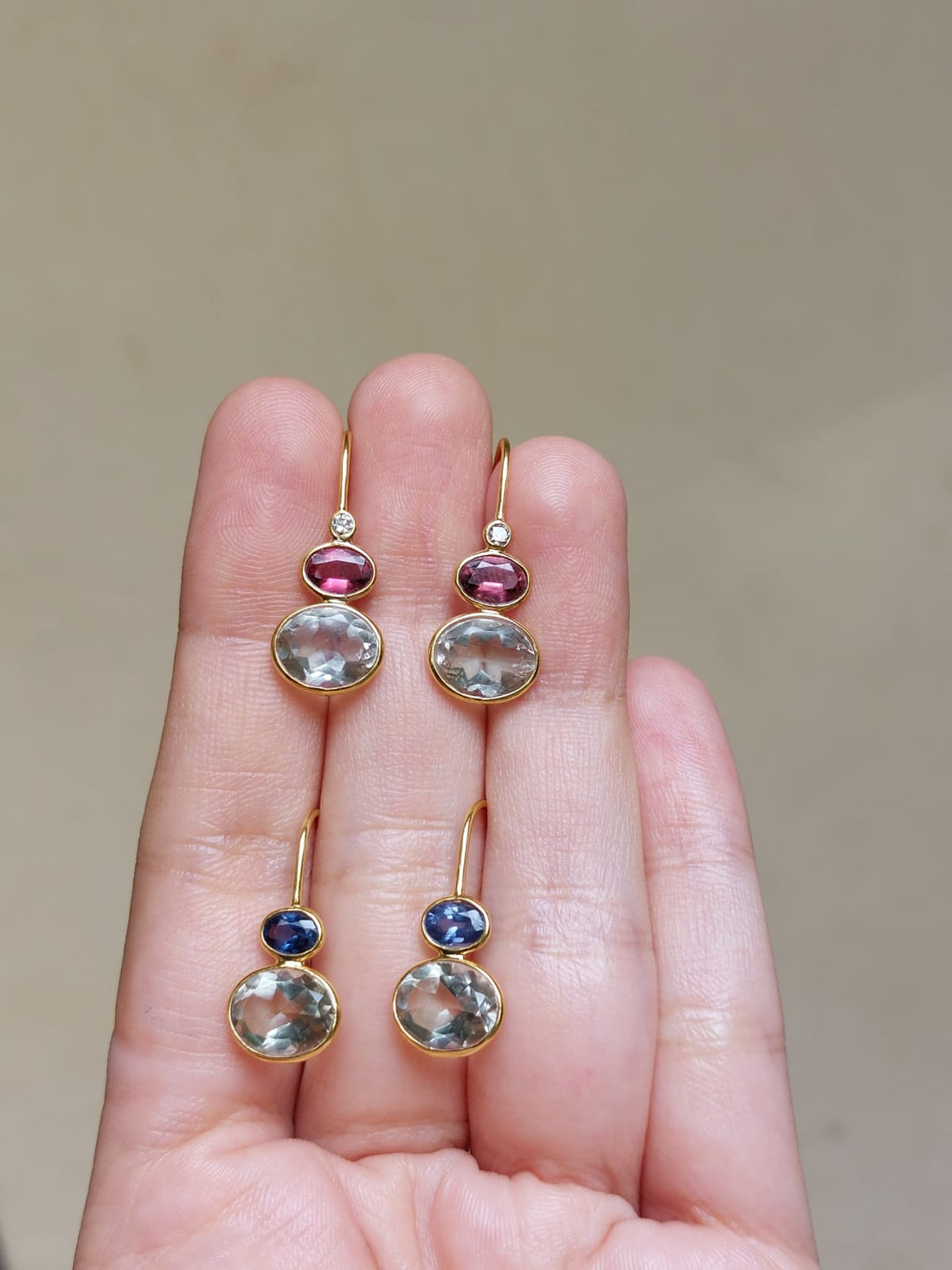 14K gold multi-gemstone drop earrings pink purple blue