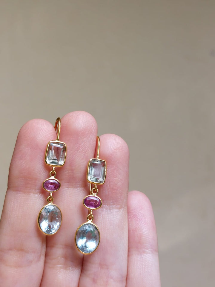 14K gold Ana Earring with aquamarine amethyst and pink sapphire