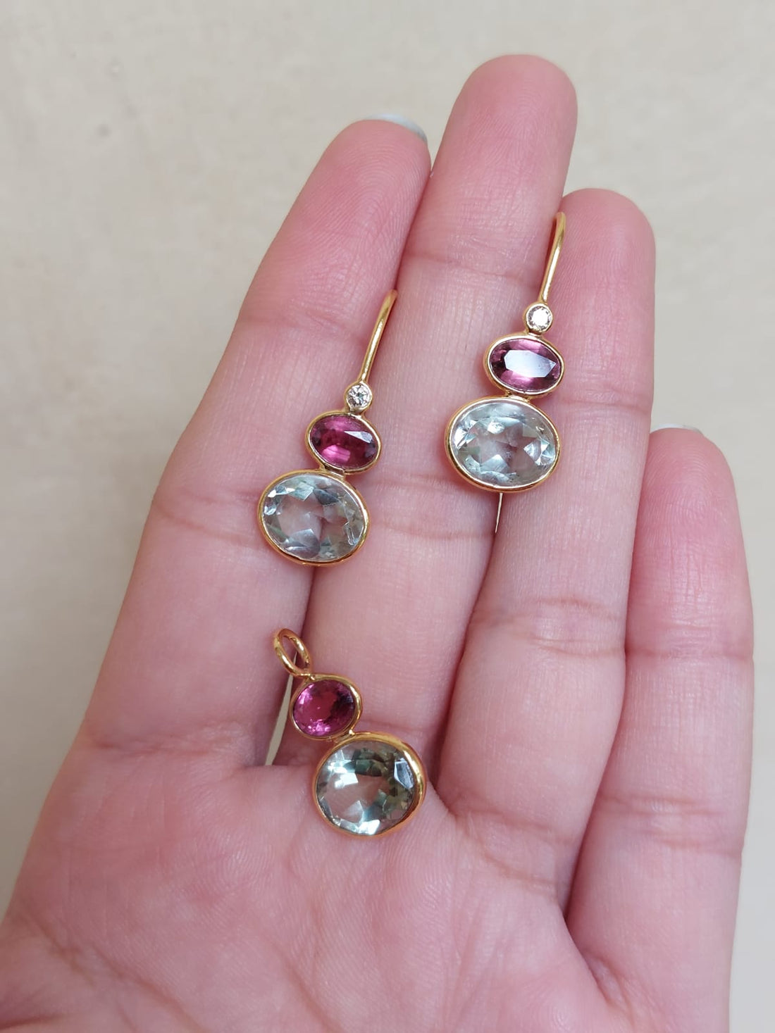 14K gold drop earrings light blue and deep pink gemstones