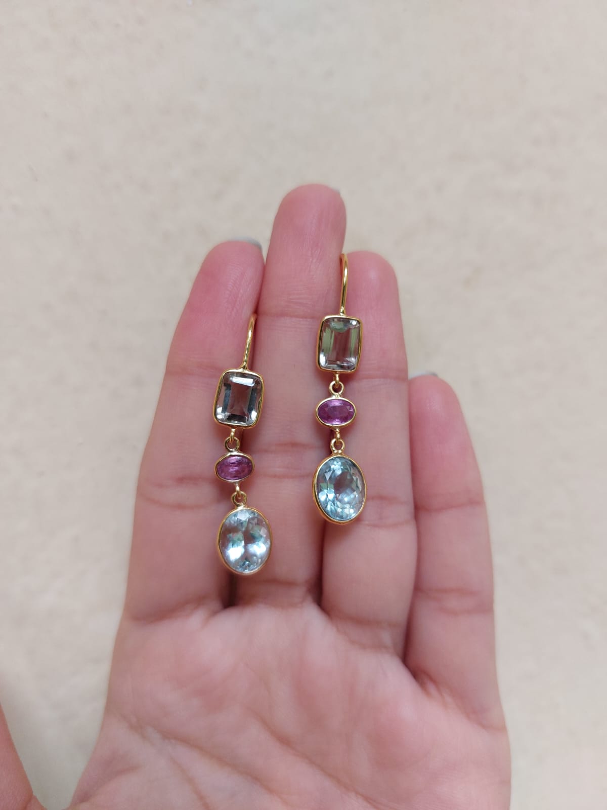 14K gold multi-gemstone drop earrings aquamarine amethyst sapphire