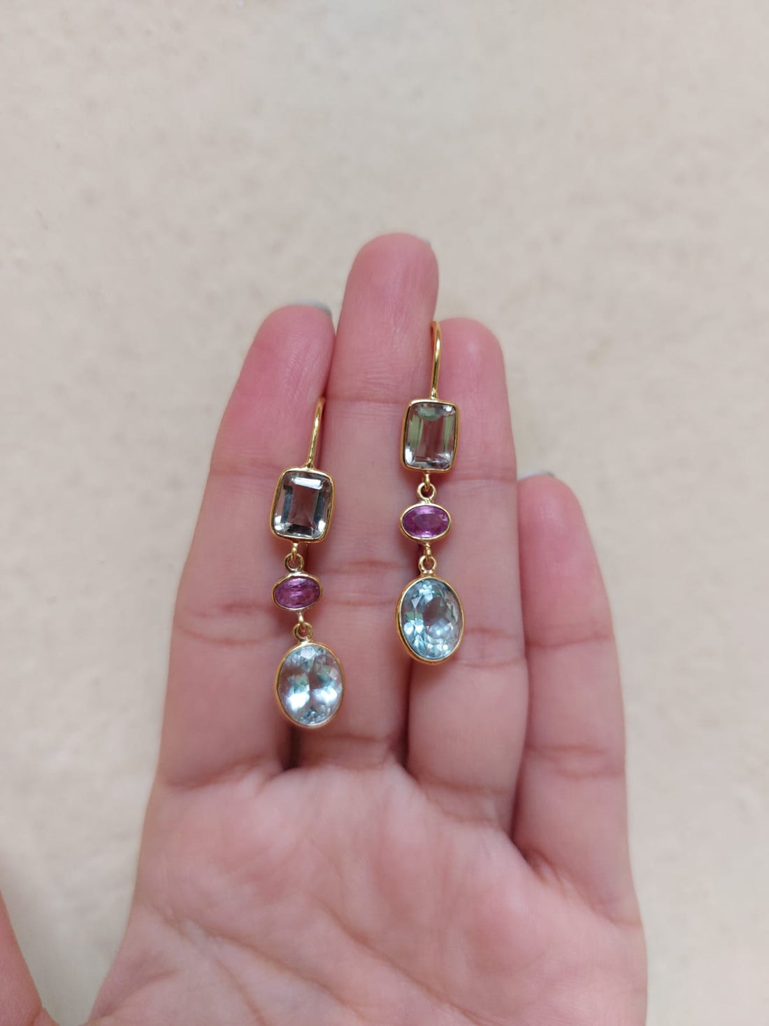 14K gold multi-gemstone drop earrings aquamarine amethyst sapphire