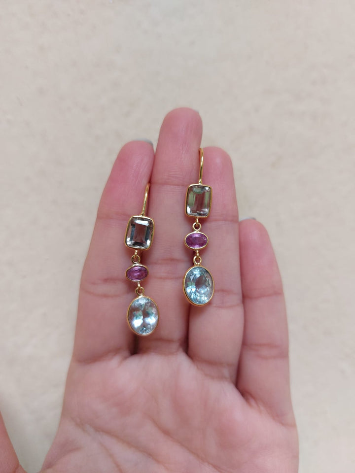 14K gold multi-gemstone drop earrings aquamarine amethyst sapphire