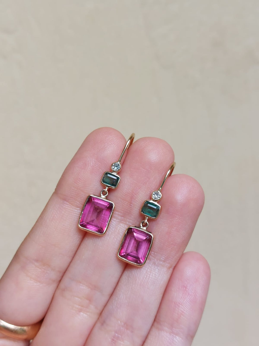 14K gold Dahlia Earring with emerald and topaz