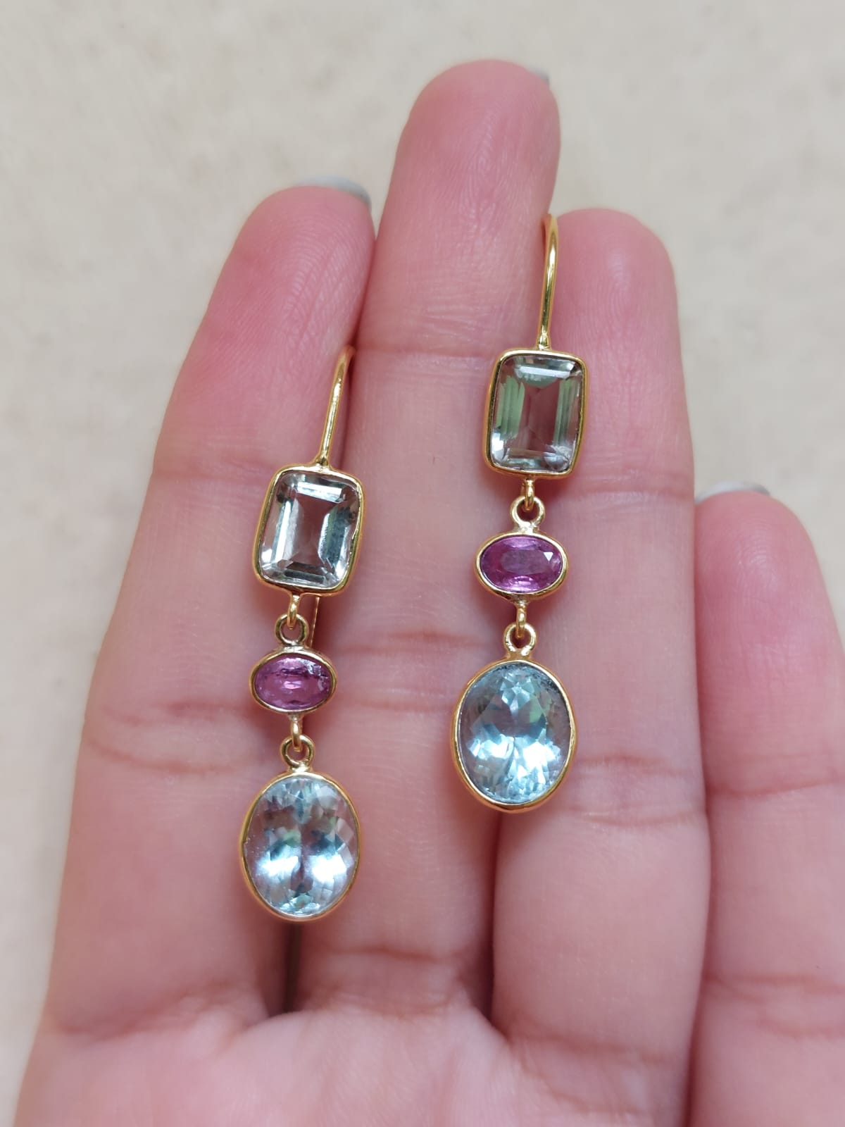 14K gold multi-gemstone earrings close-up detail