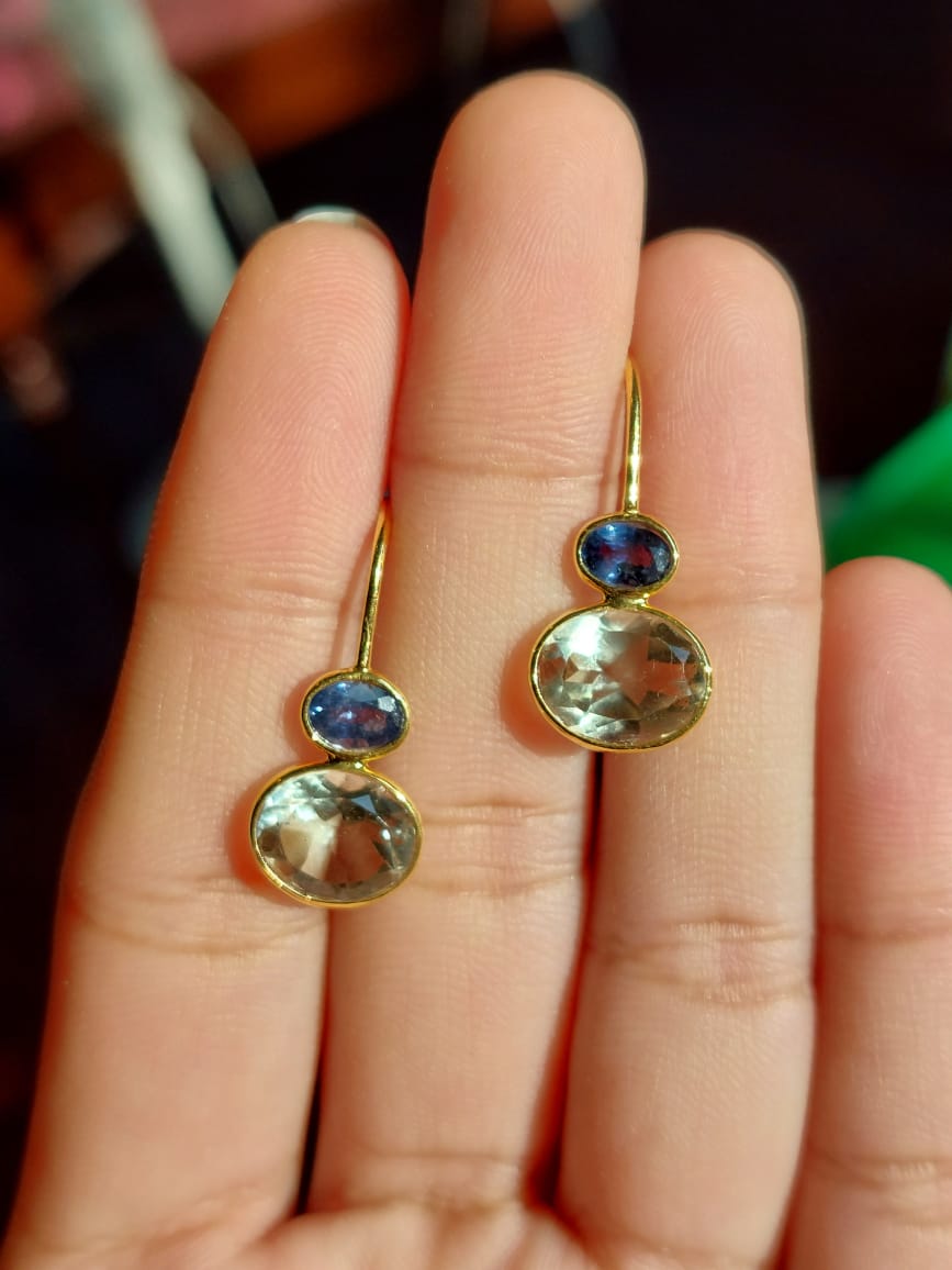 14K gold sapphire amethyst dangle earrings iridescent stones