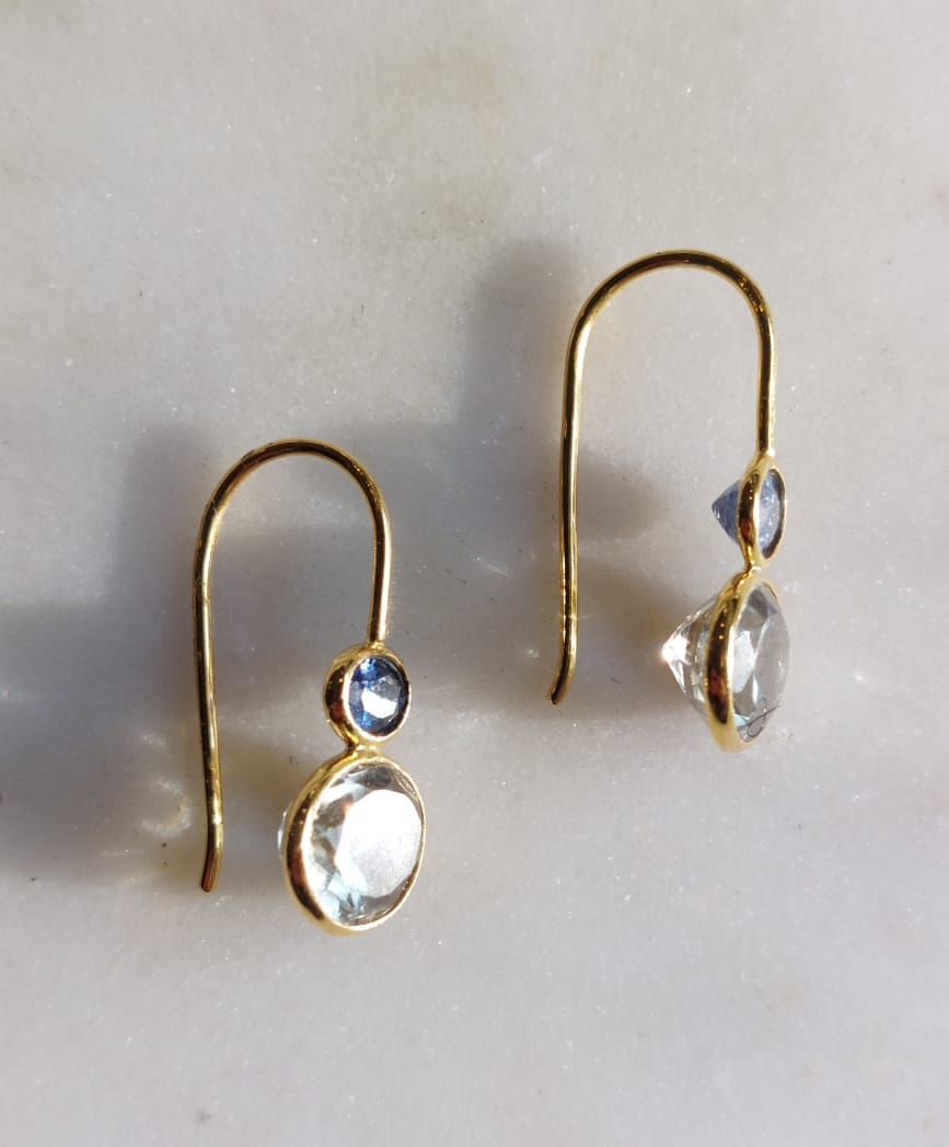 14K gold hook earrings bezel-set clear gemstones
