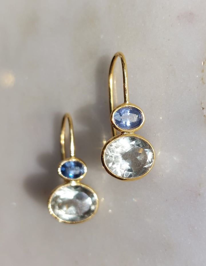 14K gold Aurora Earring blue sapphire and green amethyst bezel setting