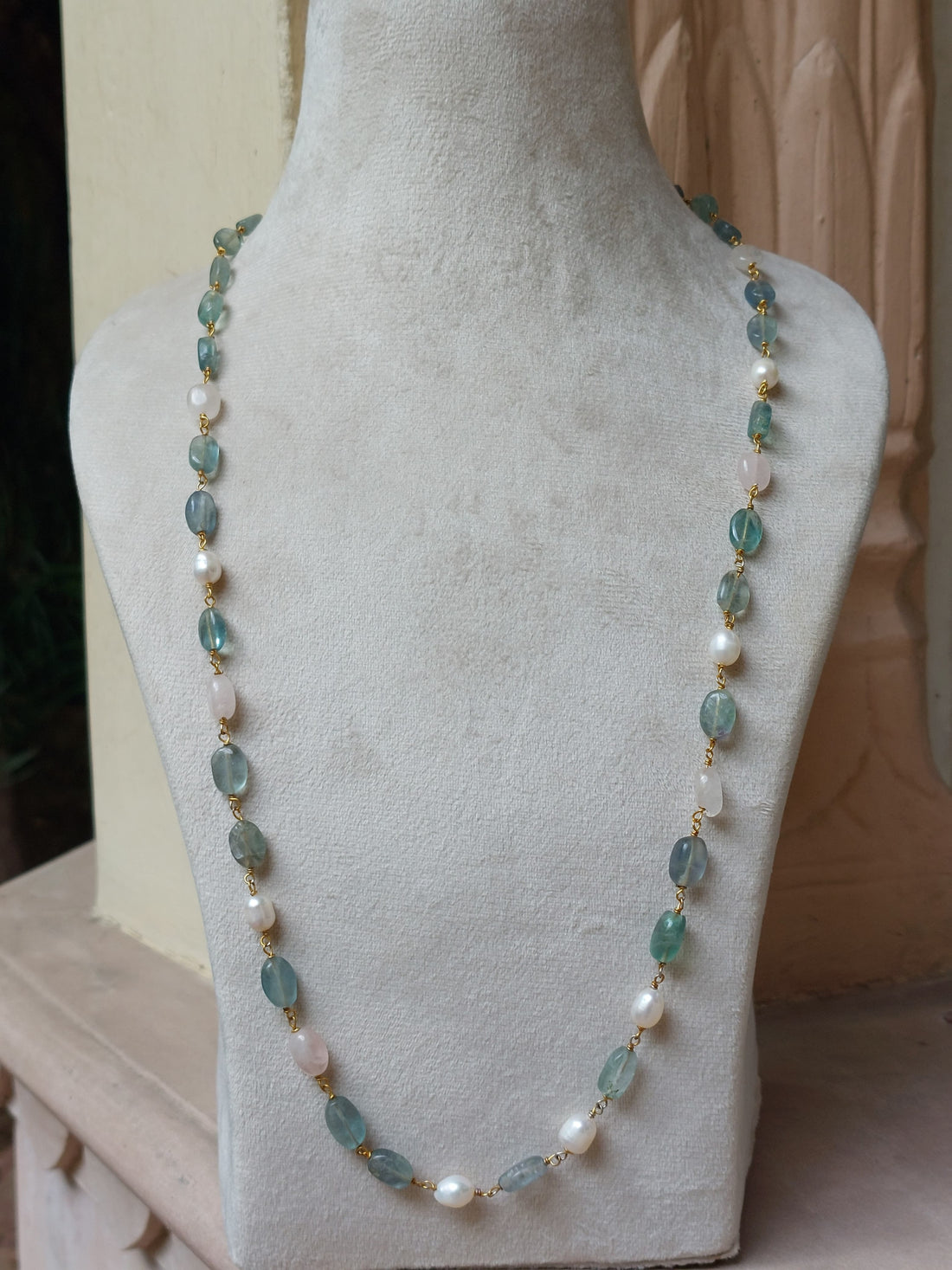 Rose quartz jade and pearl mala necklace product photo