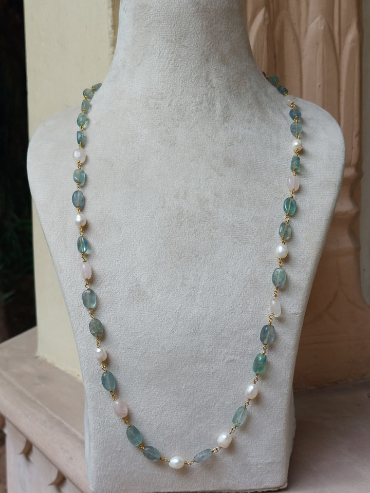 Rose quartz jade and pearl mala necklace product photo