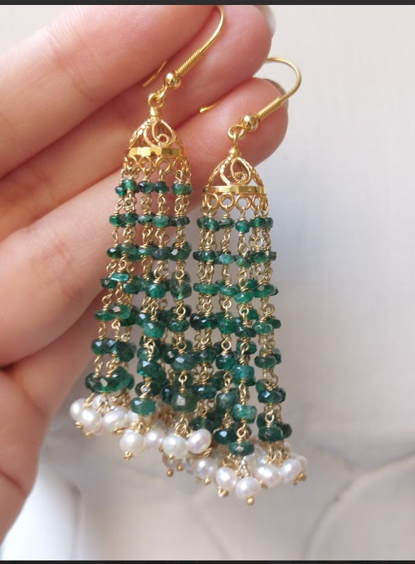 18K gold emerald pearl jhumka earrings product photo