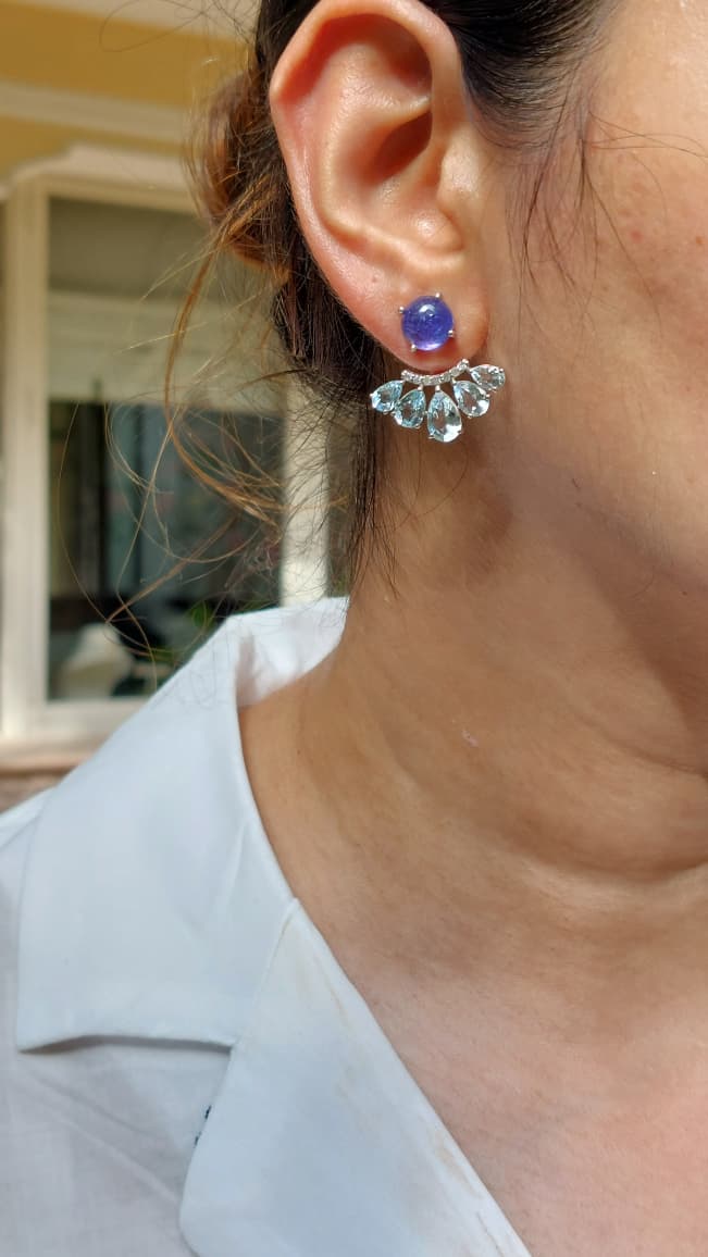 925 silver natural tanzanite aquamarine diamond earrings 65C