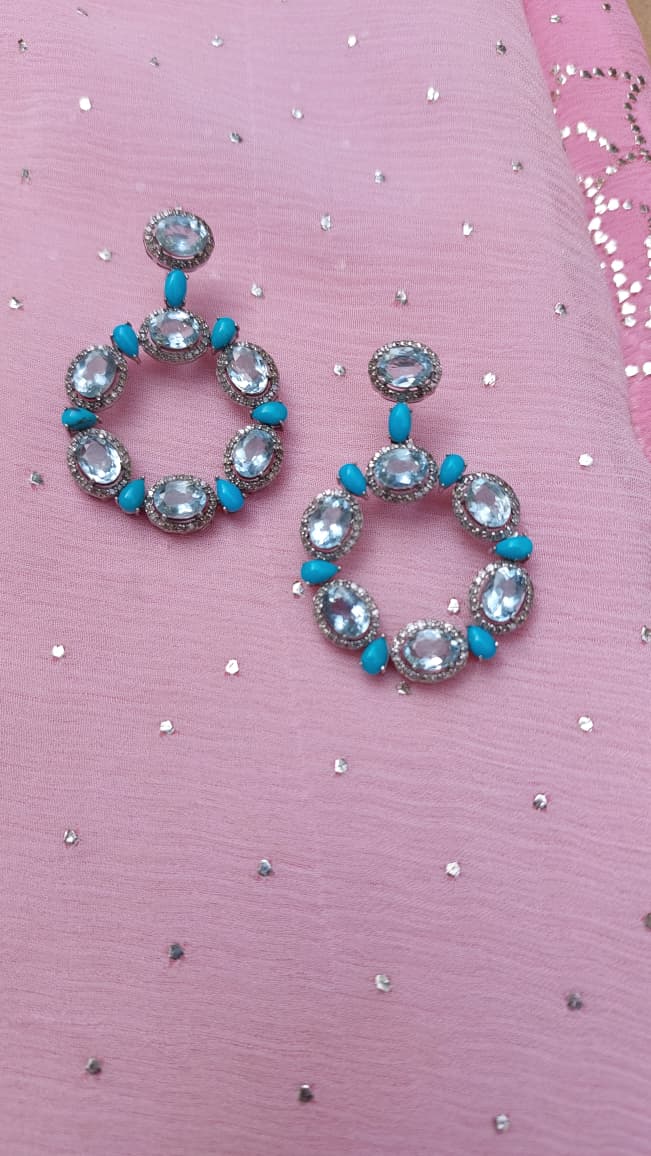 925 silver natural aquamarine turquoise diamond earrings 84C