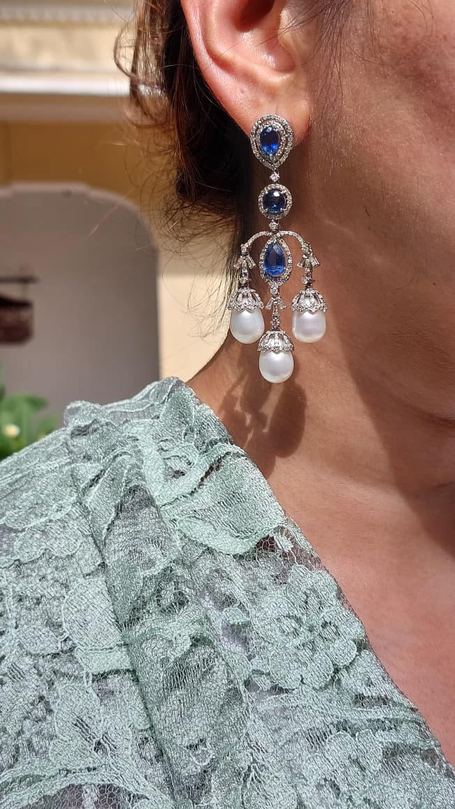 925 silver natural pearl kyanite baguette diamond earrings 172C