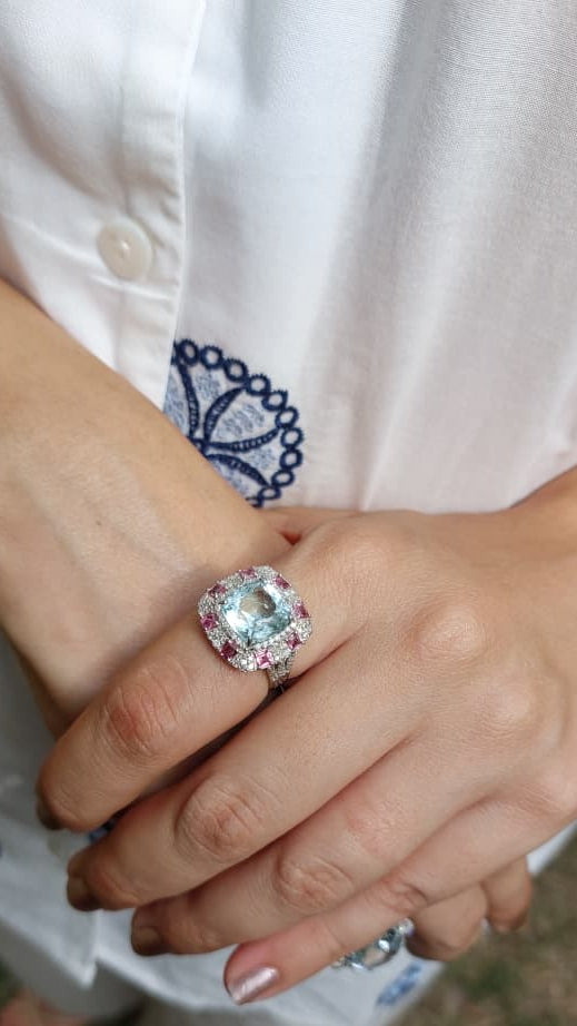 925 silver natural aquamarine tourmaline diamond ring 43C