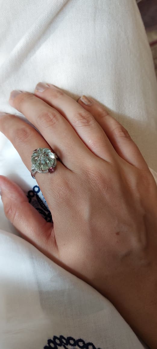 925 silver natural green amethyst tourmaline diamond ring 36C