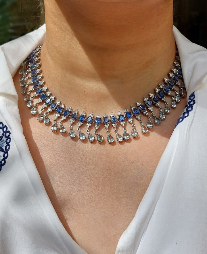 925 silver natural kyanite aquamarine diamond necklace 255C