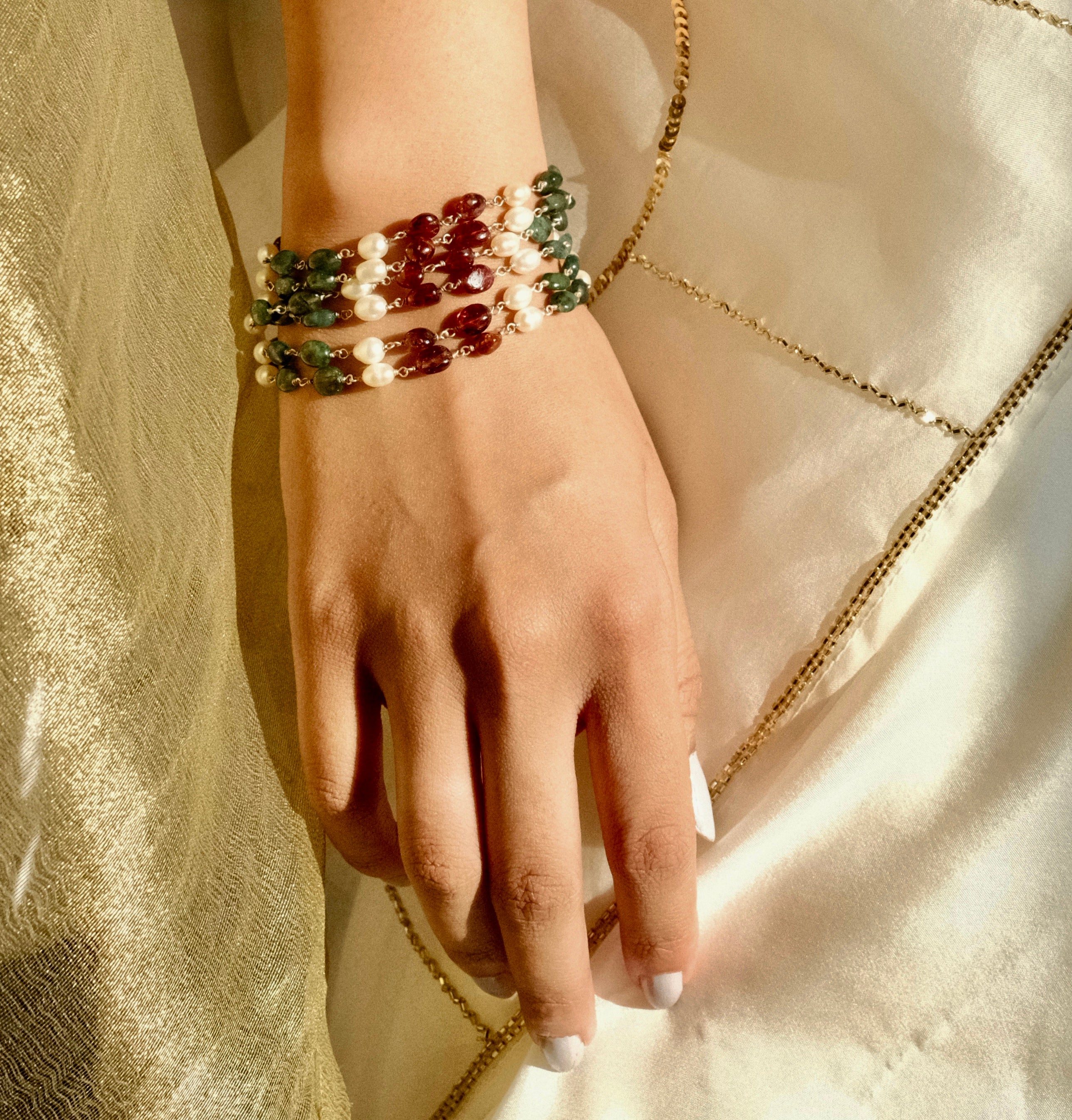 Silver emerald ruby pearl bracelet alternate angle