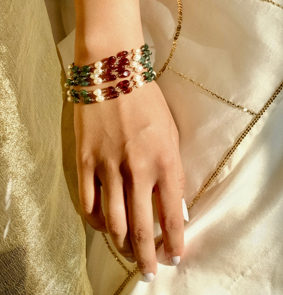 Silver emerald ruby pearl bracelet alternate angle