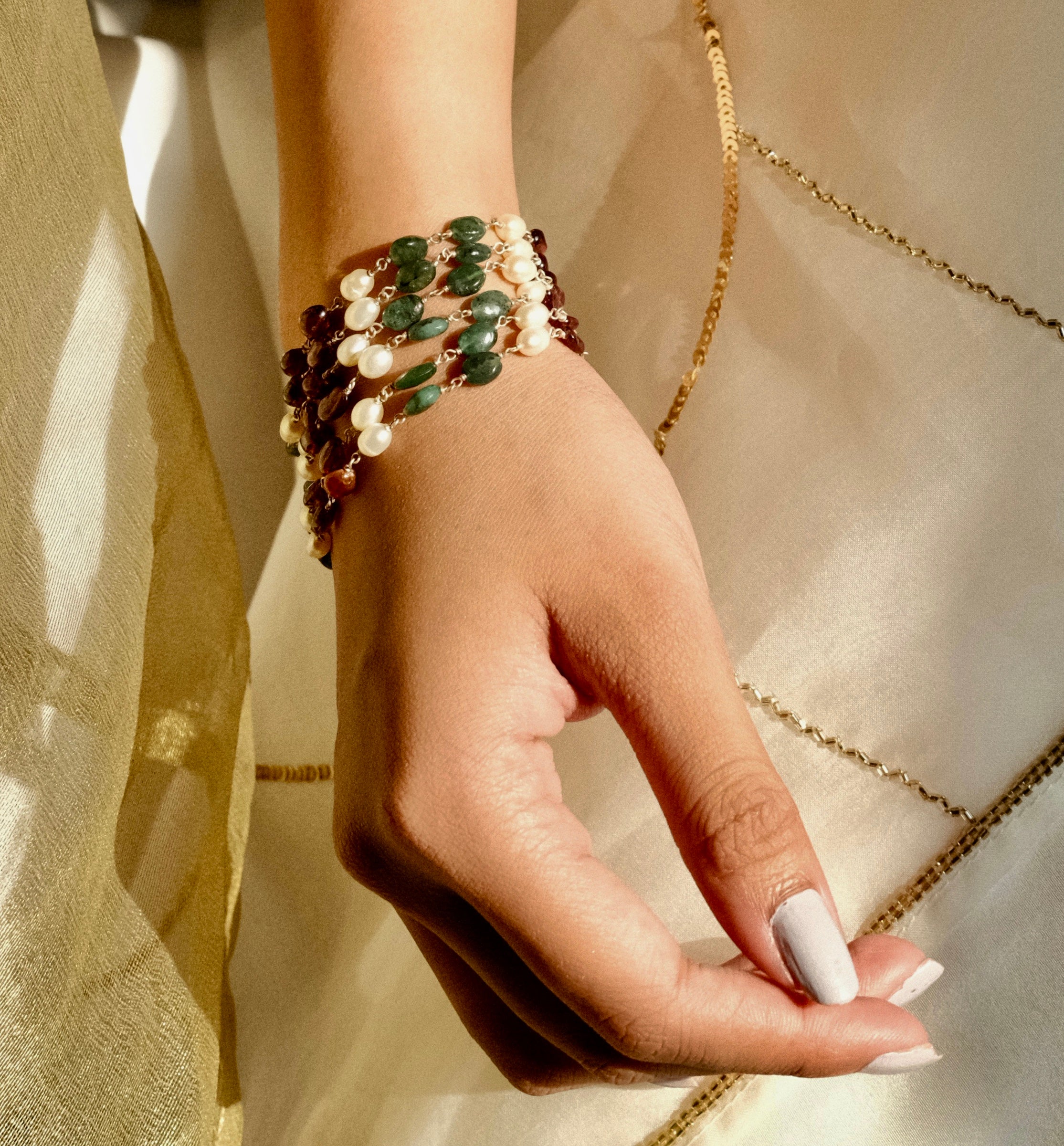 Silver adjustable bracelet natural emerald ruby and pearl