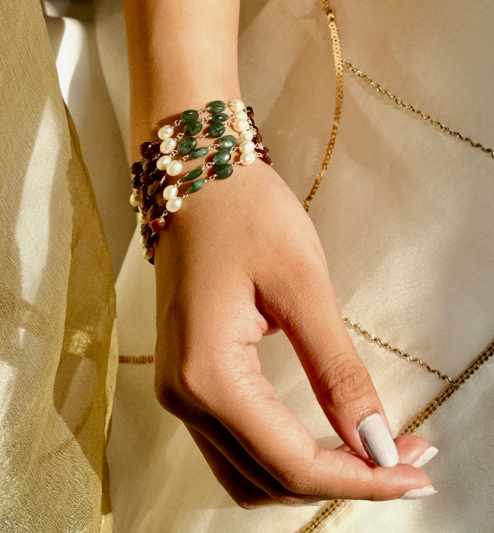 Silver adjustable bracelet natural emerald ruby and pearl