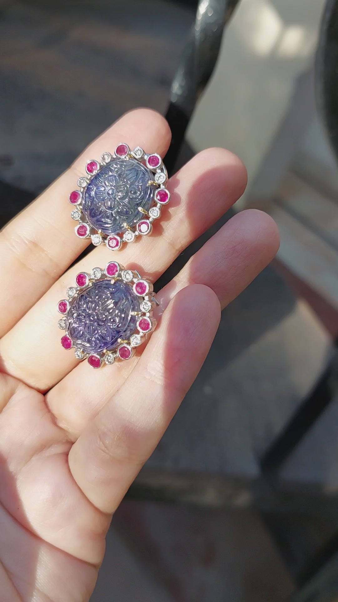 Carved Tanzanite & Ruby Diamond Earrings