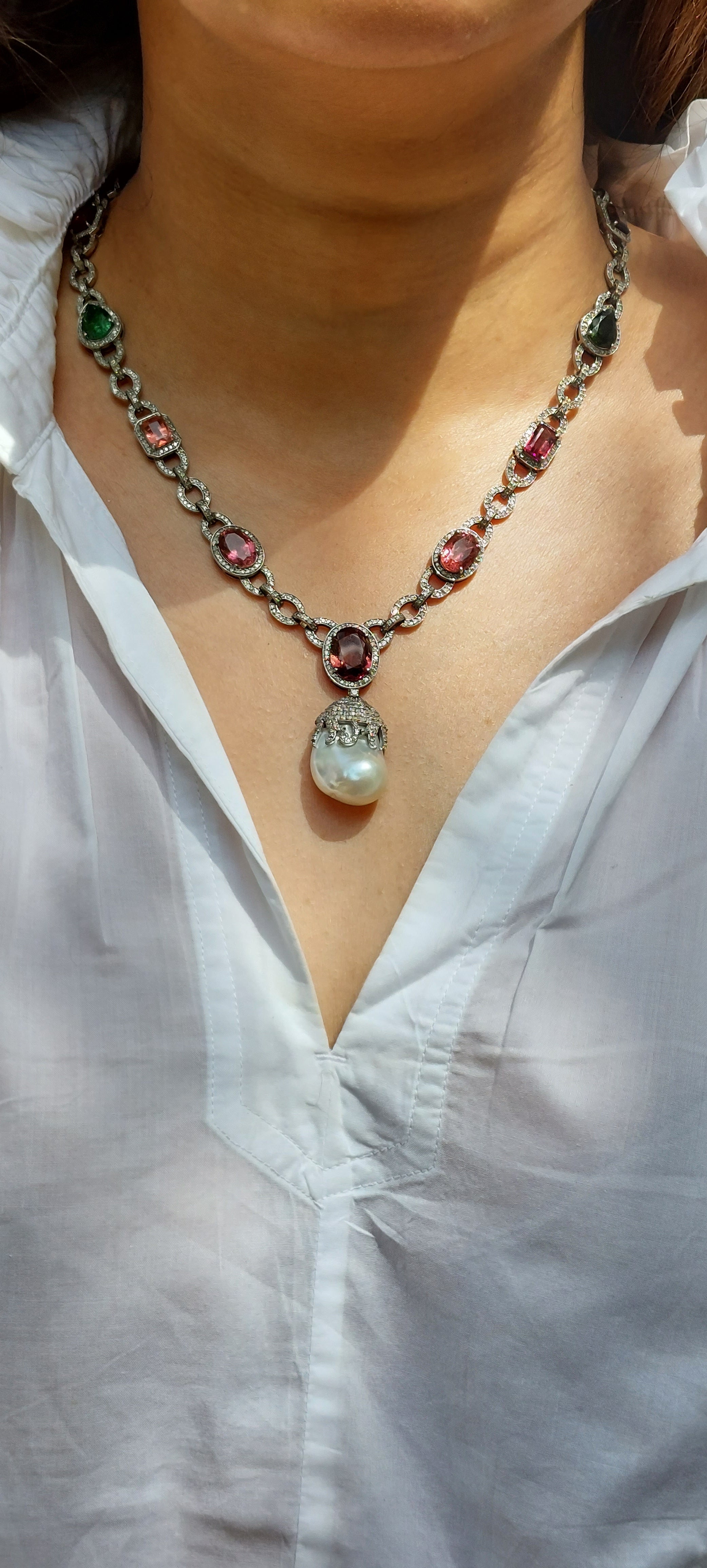 925 silver natural tourmaline diamond necklace 430C