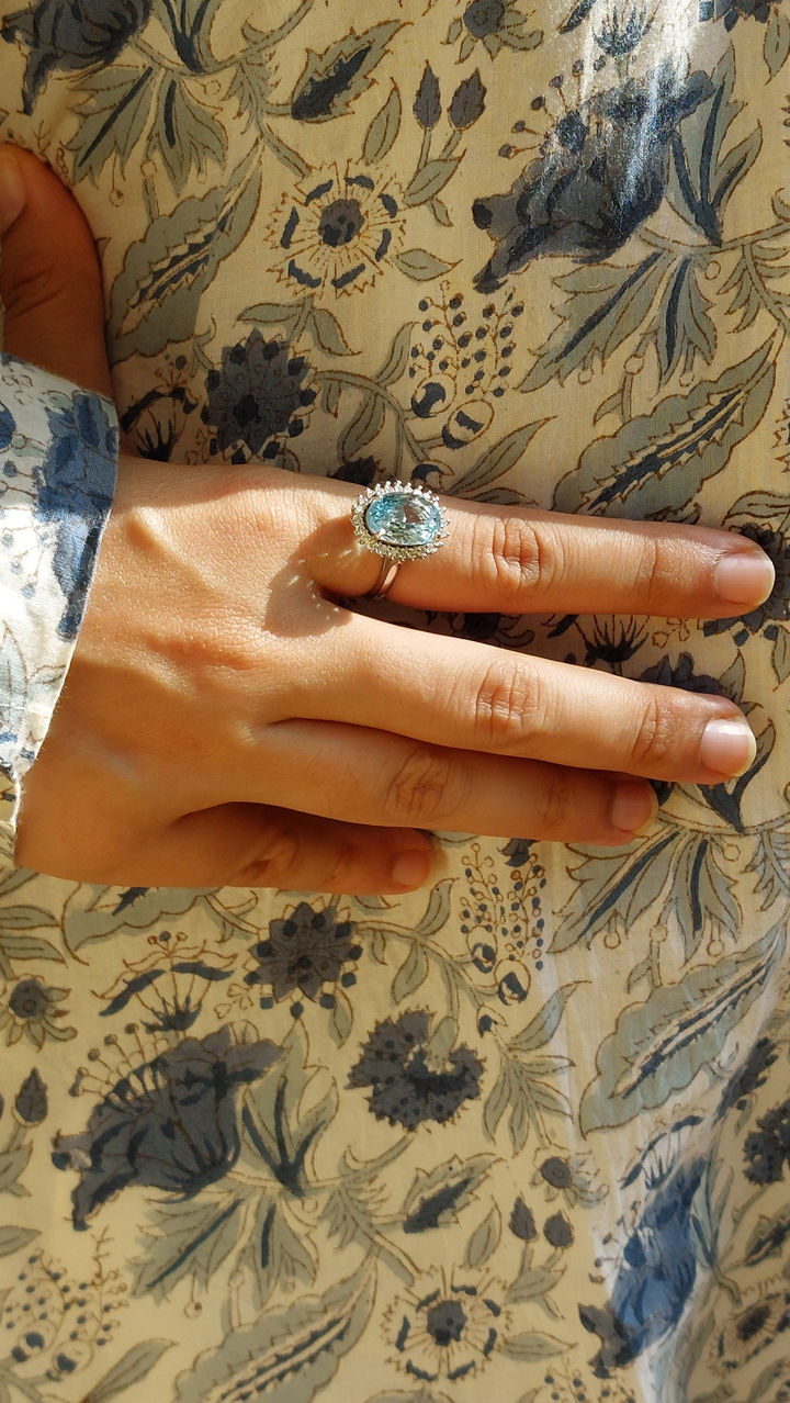 925 silver natural aquamarine and diamond ring product photo